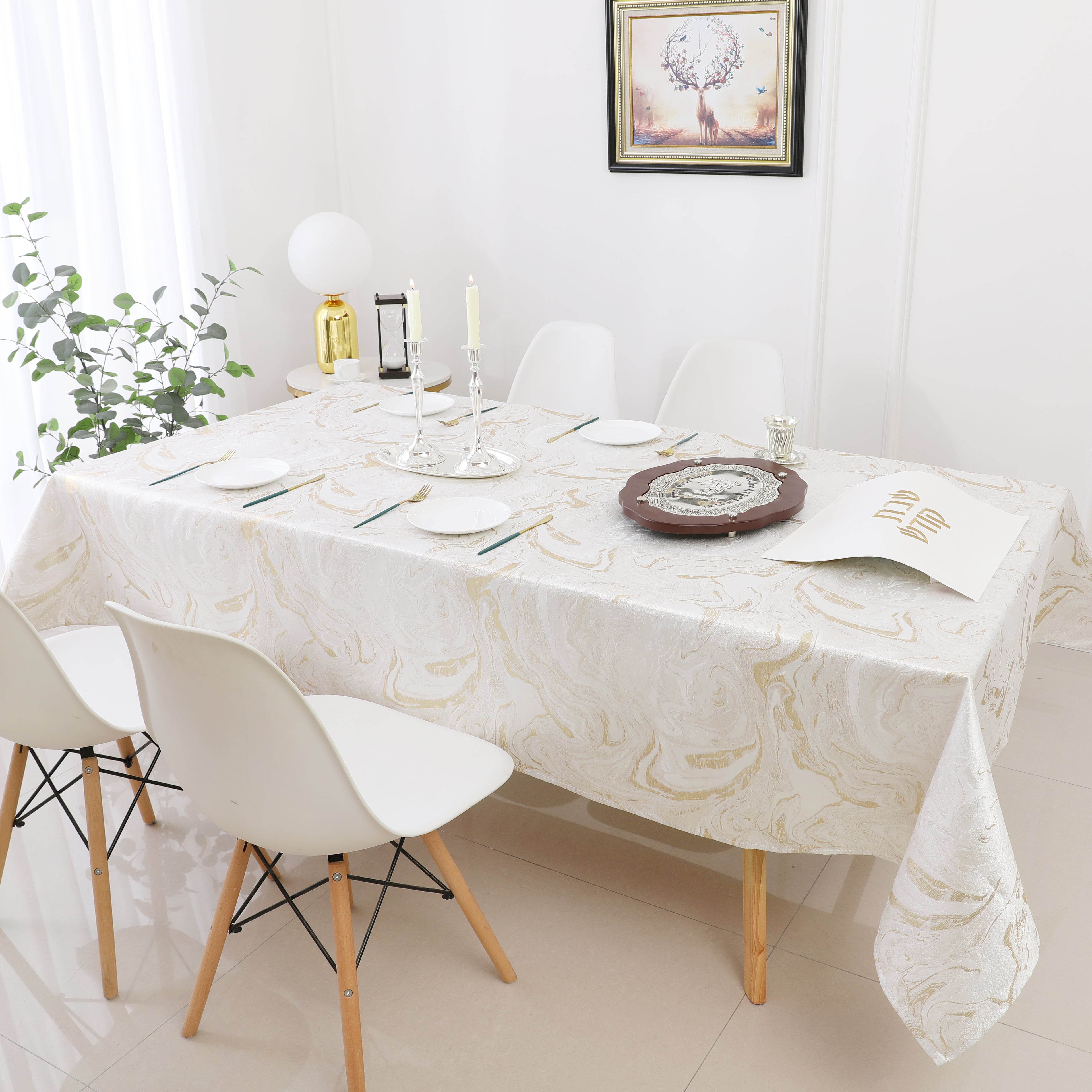 MG-1327 WHITE GOLD WAVE TABLECLOTH
