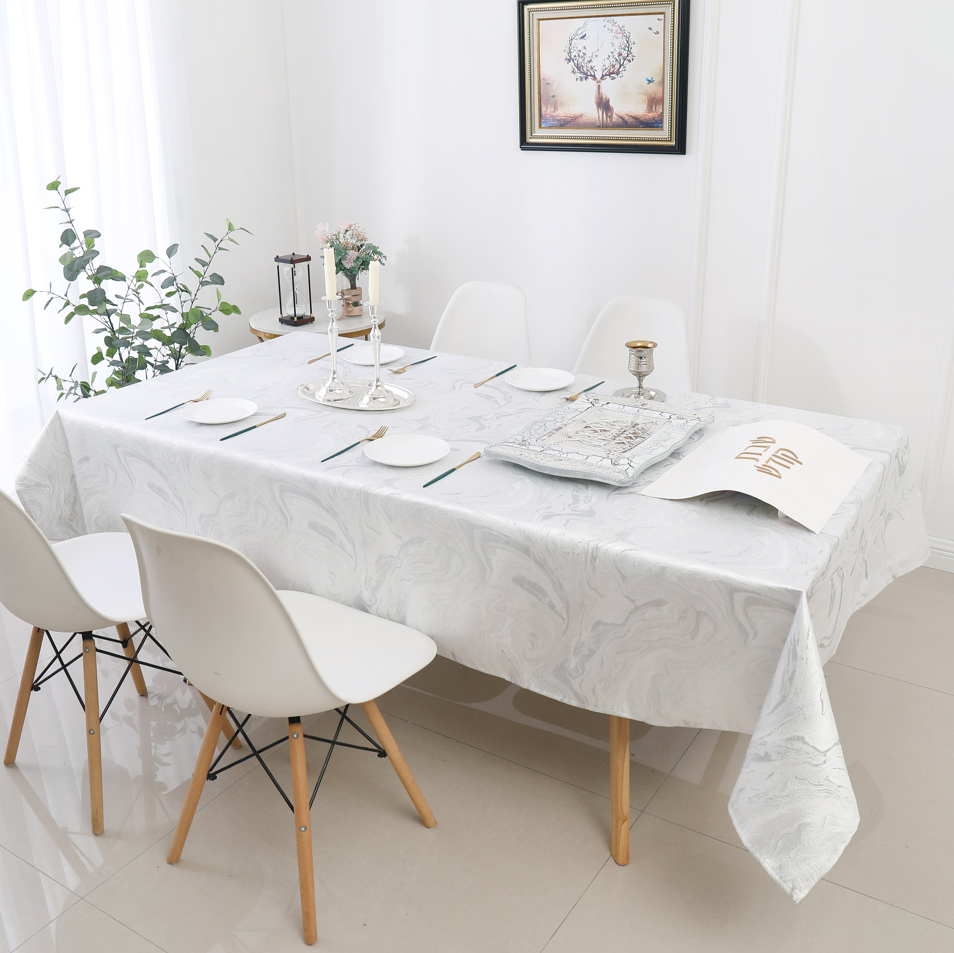 MG-1328 WHITE&SILVER WAVE TABLECLOTH