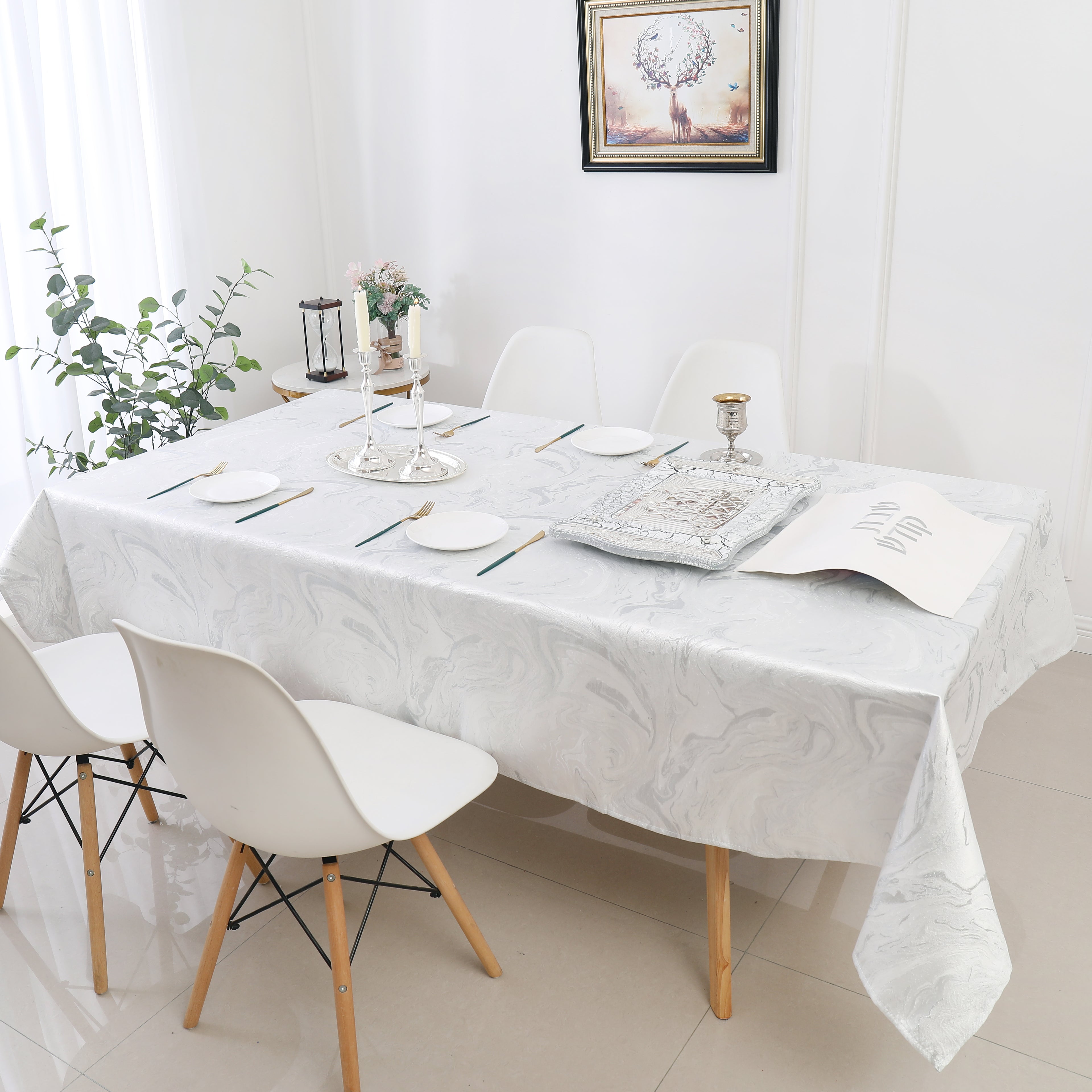MG-1328 WHITE&SILVER WAVE TABLECLOTH
