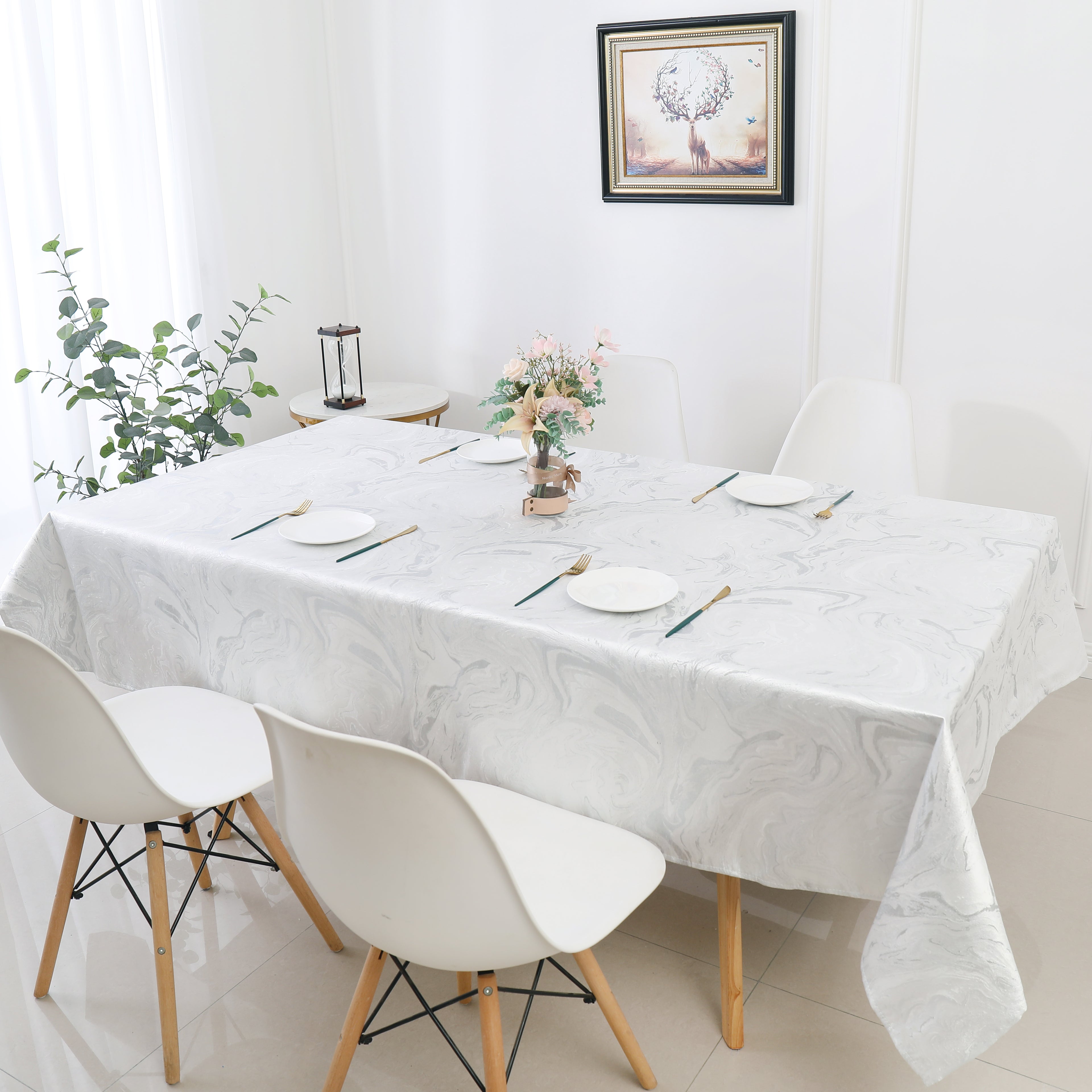 MG-1328 WHITE&SILVER WAVE TABLECLOTH
